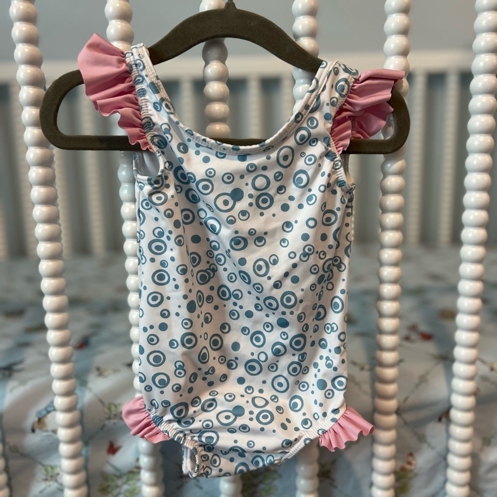Little English White Swimsuit with Bubble Print and Pink Ruffle Trim